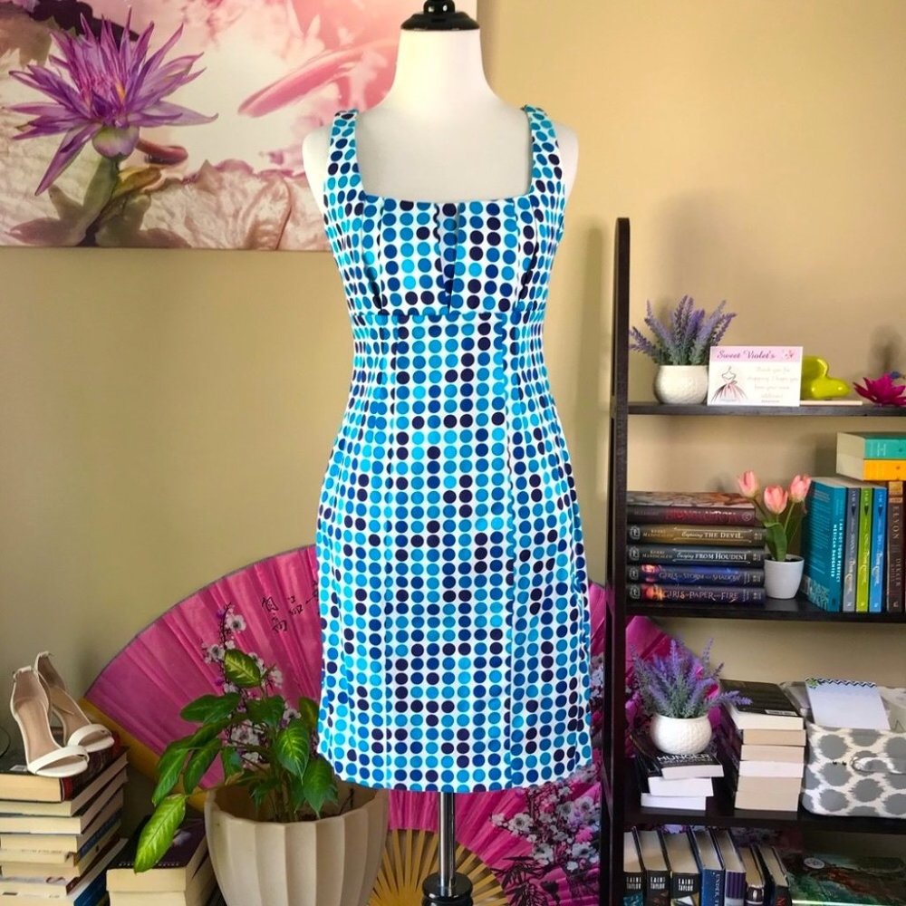 Calvin Klein Blue Polka Dot Fitted Sheath Cocktail Dress